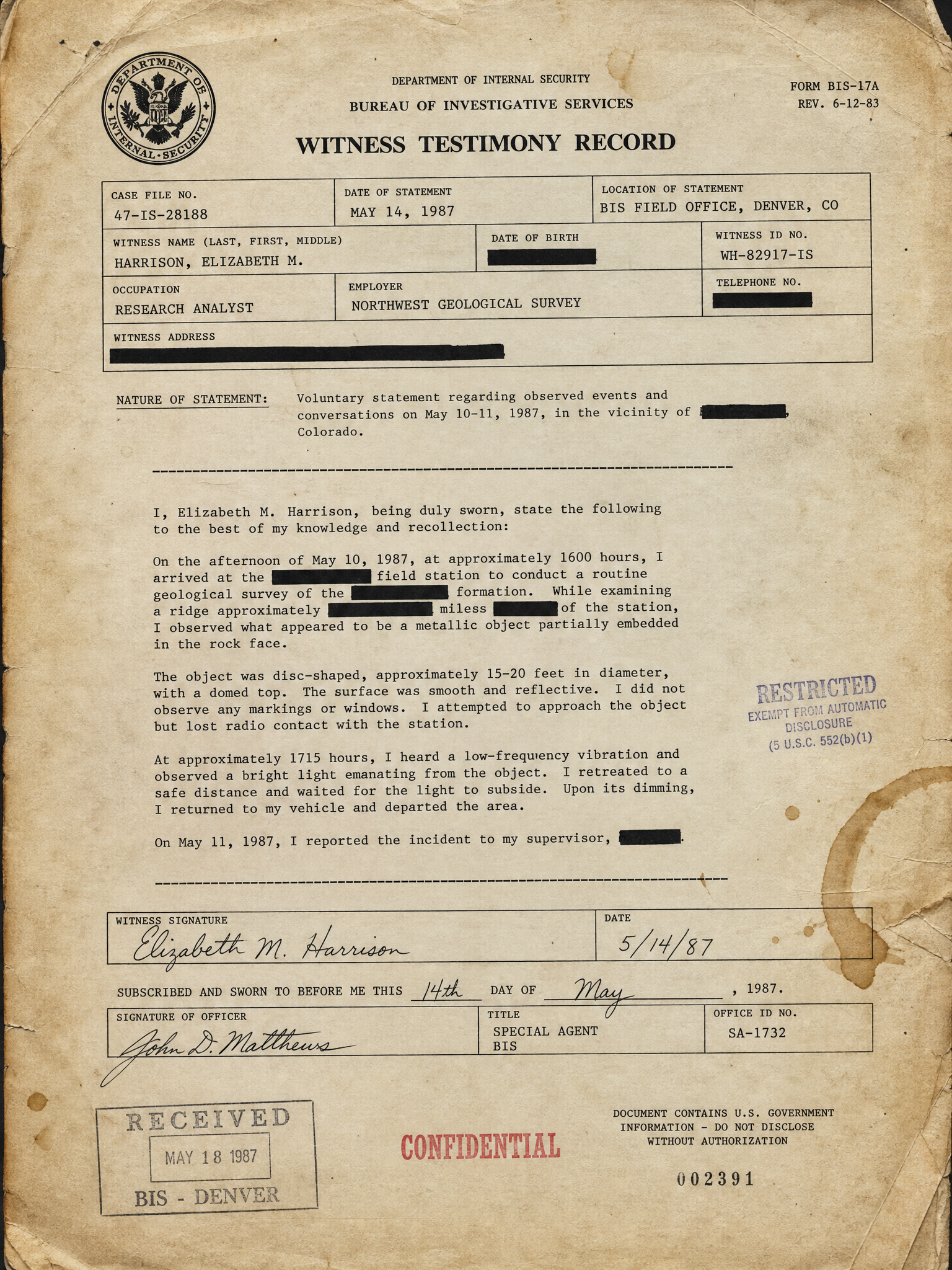 Witness testimony document, official record